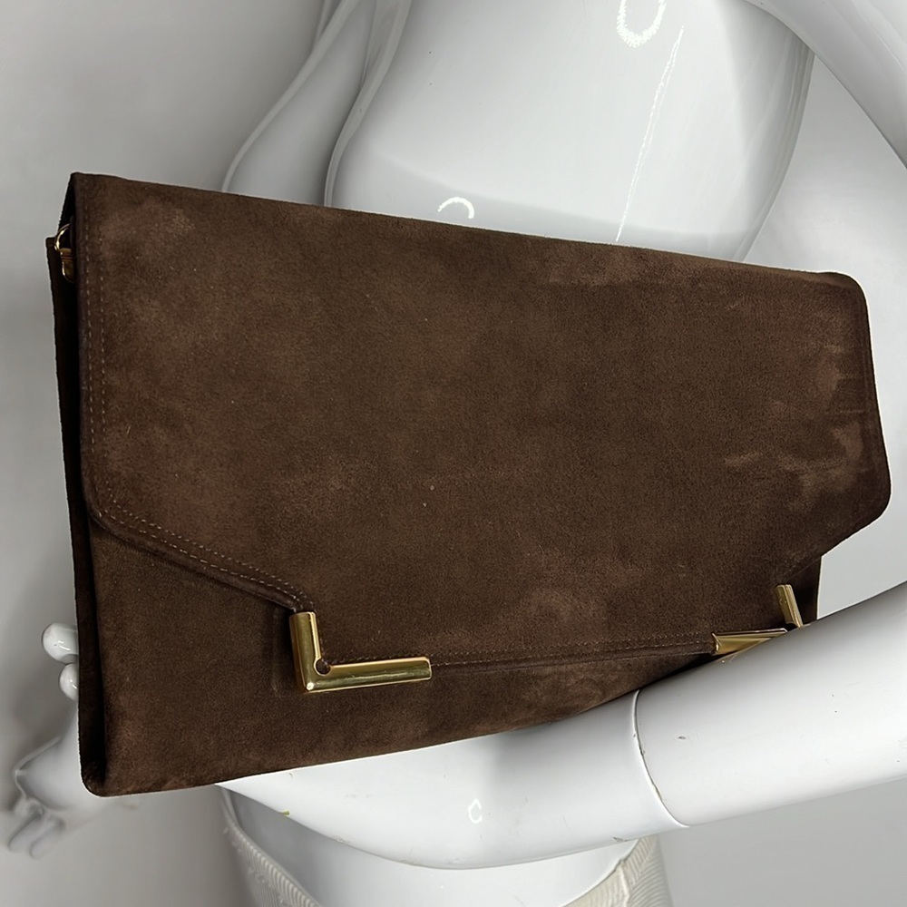 Block Brown Suede Envelope Snap Closure Shoulder Clutch Bag - Picture 3 of 12